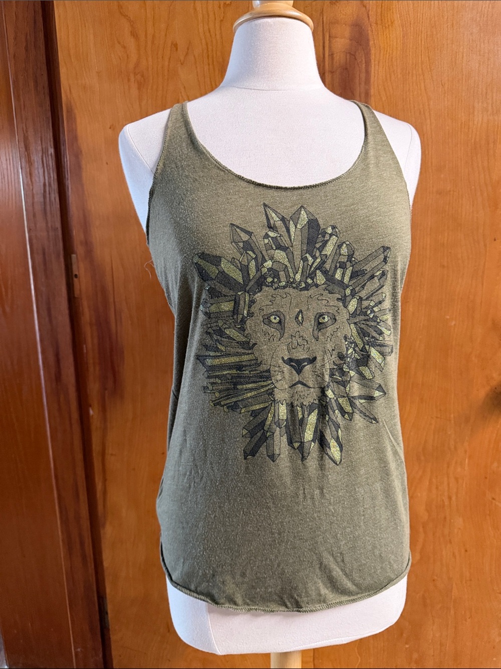 NEXT LEVEL APPAREL Green Lion Crystal Mane Gold Glitter Graphic Tank Top MED